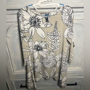 Clara Sun Woo Tan White Floral Printed Slinky Handkerchief‎ Hem Keyhole Tunic